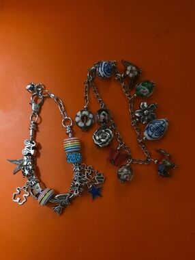 Silver Charm Bracelet with Blue, Green, Pink and Multicolor Beads - Unbranded